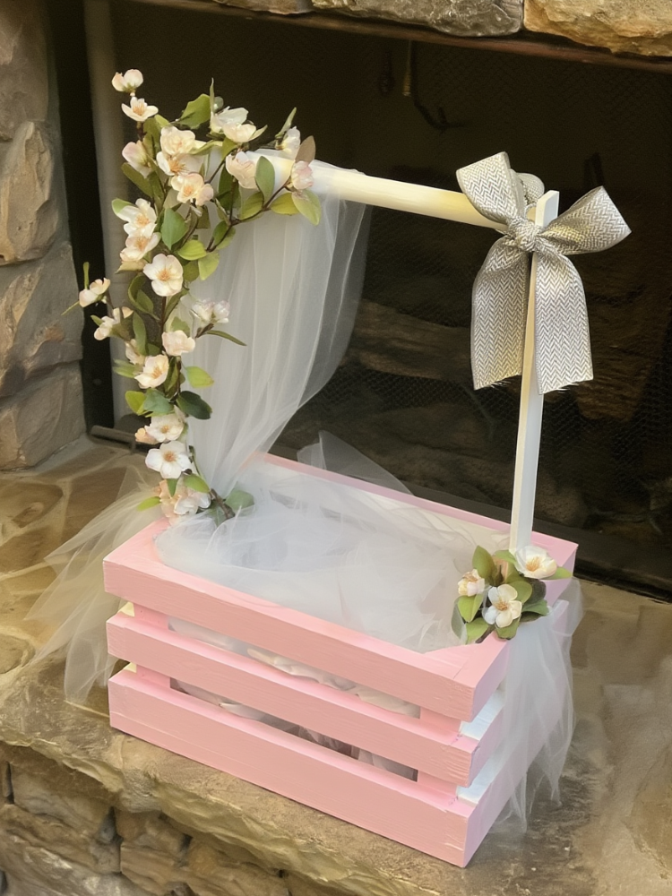 Pastel Pink Floral Crate Hamper Tray with Net Canopy & Bow | Decorative Wedding & Baby Shower Gift Basket | Elegant Trousseau & Return Gift Display Stand