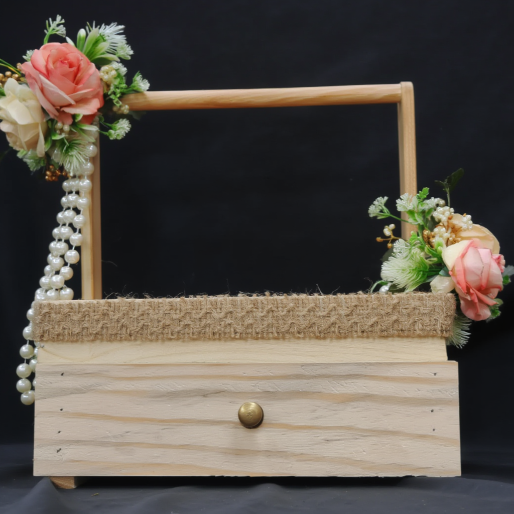 Elegant Wooden Floral Hamper Tray with Handle & Drawer | Pearl Decor Gift Presentation Basket | Wedding Trousseau, Jewellery & Festive Display Organizer