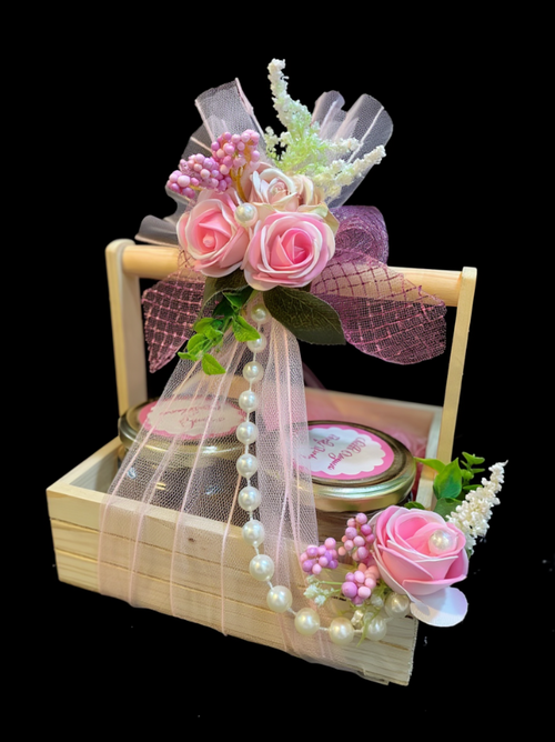 Elegant Mini Wooden Floral Hamper Basket with Net & Pearl Decor | Decorative Wedding Return Gift Tray | Baby Shower & Festive Gift Presentation Box