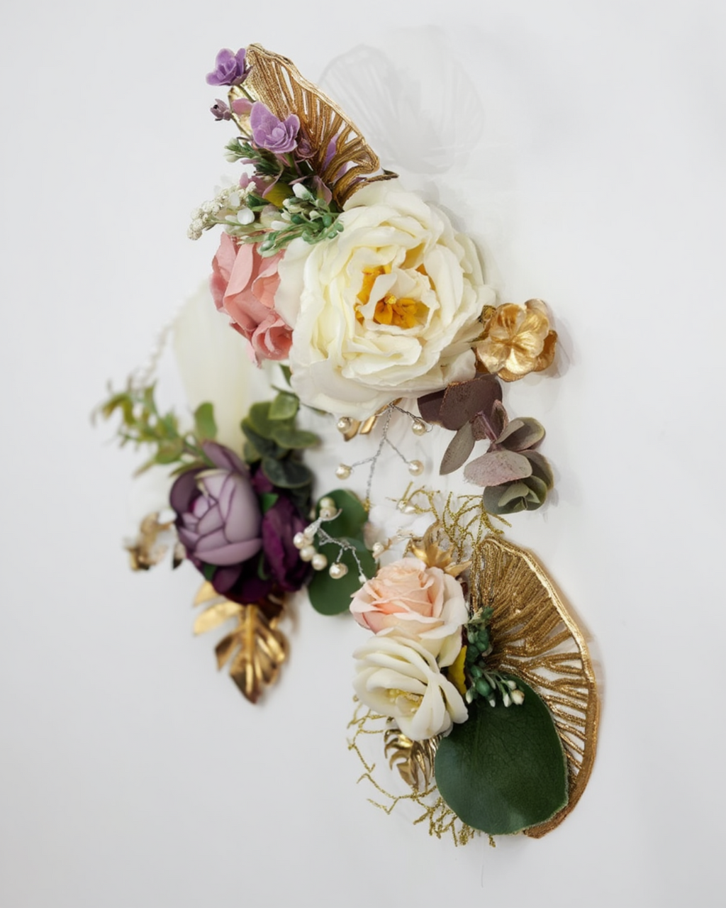 Luxury Artificial Floral Wall Décor with Gold Leaves & Pearl Strings | Premium Wedding Trousseau Flower Arrangement | Elegant Home & Bridal Decoration