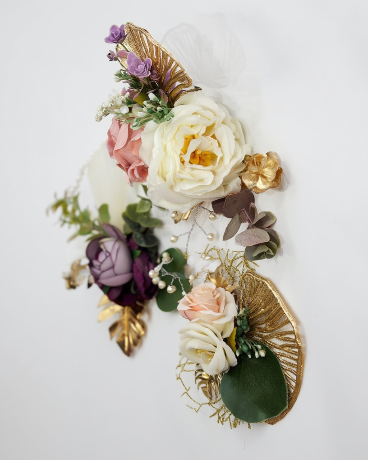 Luxury Artificial Floral Wall Décor with Gold Leaves & Pearl Strings | Premium Wedding Trousseau Flower Arrangement | Elegant Home & Bridal Decoration