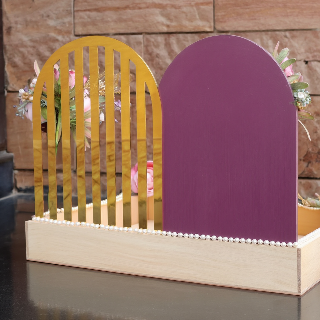 Modern Floral Designer Trousseau Tray with Gold & Mauve Back Panel | Luxury Wedding Shagun Hamper Display Platter | Premium Gift Presentation Base
