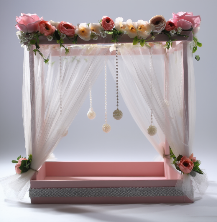 Luxury Floral Canopy Trousseau Display Tray with Net Curtains & Pearl Hanging | Bridal Wedding Hamper Presentation Stand | Premium Event & Gift Décor Setup