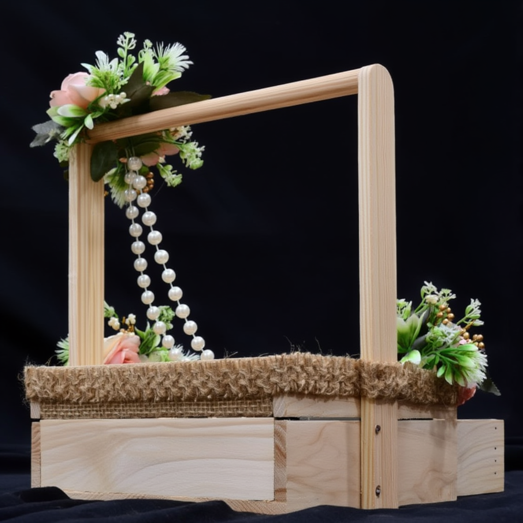 Elegant Wooden Floral Hamper Tray with Handle & Drawer | Pearl Decor Gift Presentation Basket | Wedding Trousseau, Jewellery & Festive Display Organizer