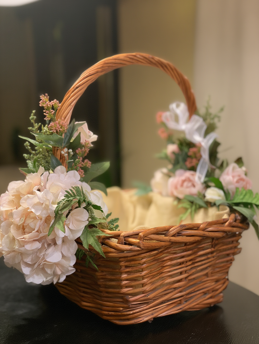 Handwoven Rustic Wicker Floral Gift Basket with Handle | Decorative Cane Hamper Basket for Wedding, Baby Shower & Festive Gifting | Elegant Flower Décor Tray