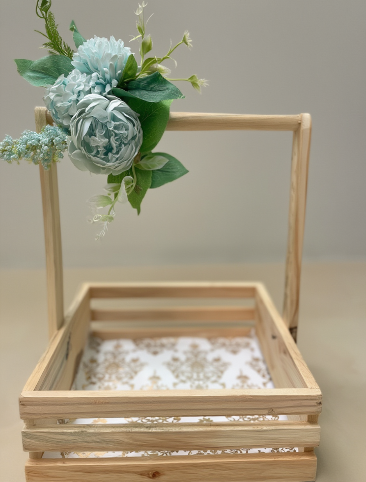 Premium Wooden Floral Gift Hamper Tray with Handle | Decorative Return Gift Basket | Wedding Trousseau & Festive Gift Packaging Box
