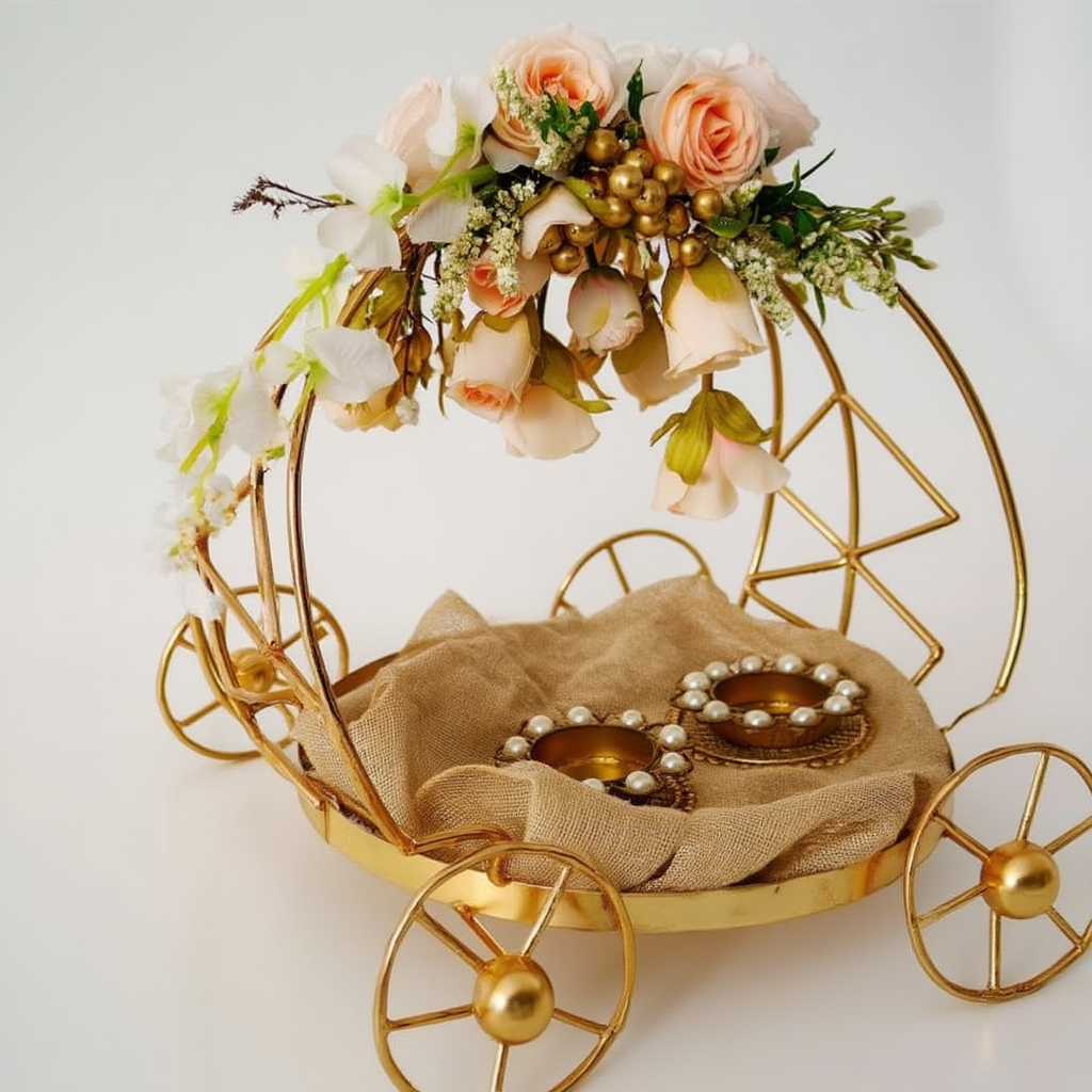 Luxury Floral Golden Cart Tray Décor | Wedding Trousseau Gift Hamper Display Stand with Artificial Flowers | Bridal & Festive Decoration Organizer
