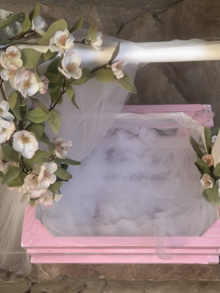 Pastel Pink Floral Crate Hamper Tray with Net Canopy & Bow | Decorative Wedding & Baby Shower Gift Basket | Elegant Trousseau & Return Gift Display Stand