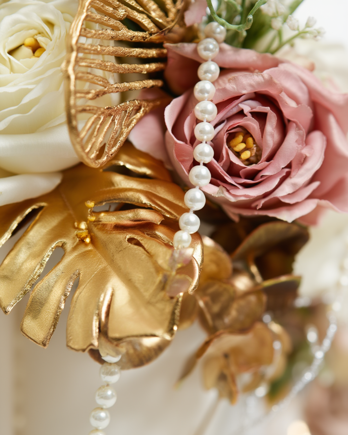 Luxury Artificial Floral Wall Décor with Gold Leaves & Pearl Strings | Premium Wedding Trousseau Flower Arrangement | Elegant Home & Bridal Decoration