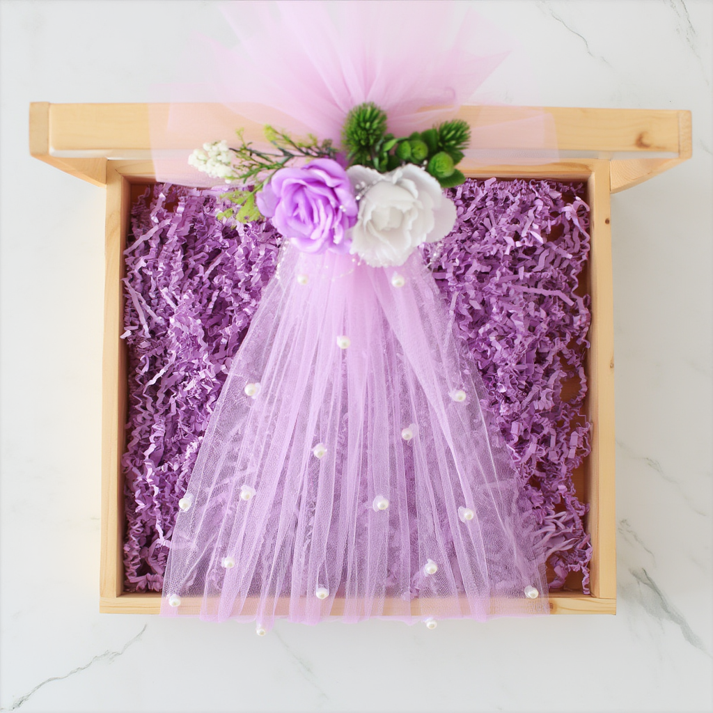 Elegant Wooden Gift Hamper Tray with Pearl Net & Floral Bow | Decorative Trousseau Packing Box | Wedding, Baby Shower & Festive Gift Presentation Basket
