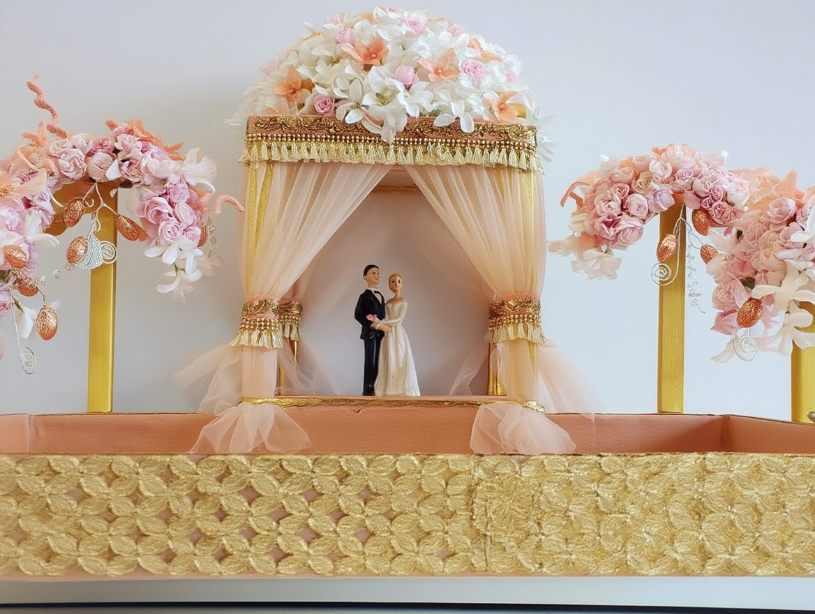 Royal Wedding Mandap Trousseau Display Stage with Floral Canopy | Luxury Bridal Shagun Hamper Platform | Premium Decorative Wedding Gift Presentation Tray