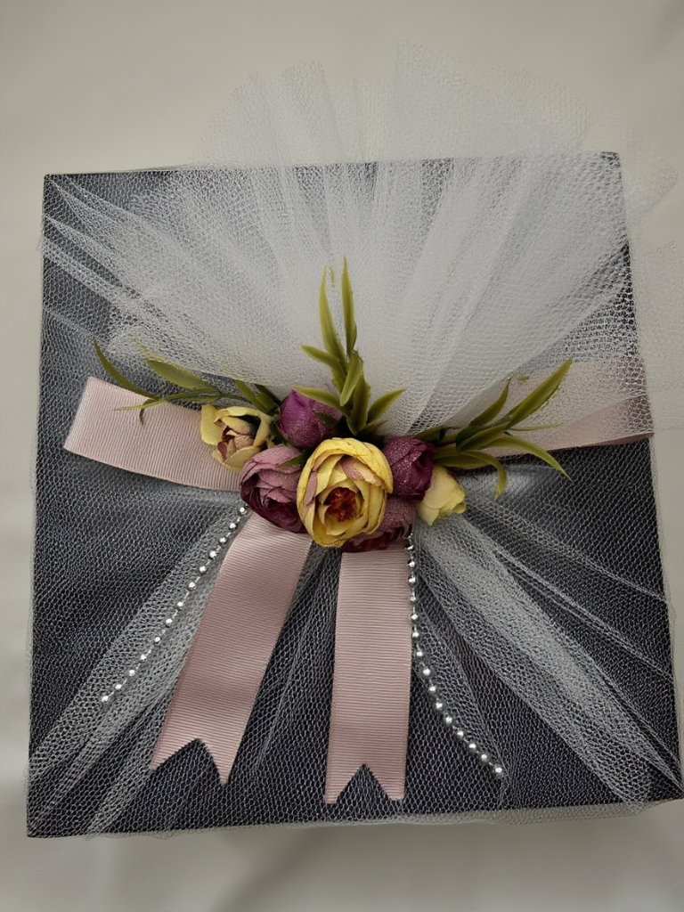 Luxury Floral Net Wrapped Gift Hamper Box with Pearl Chain & Satin Bow | Elegant Wedding Trousseau & Festive Gift Packaging | Decorative Premium Presentation Box