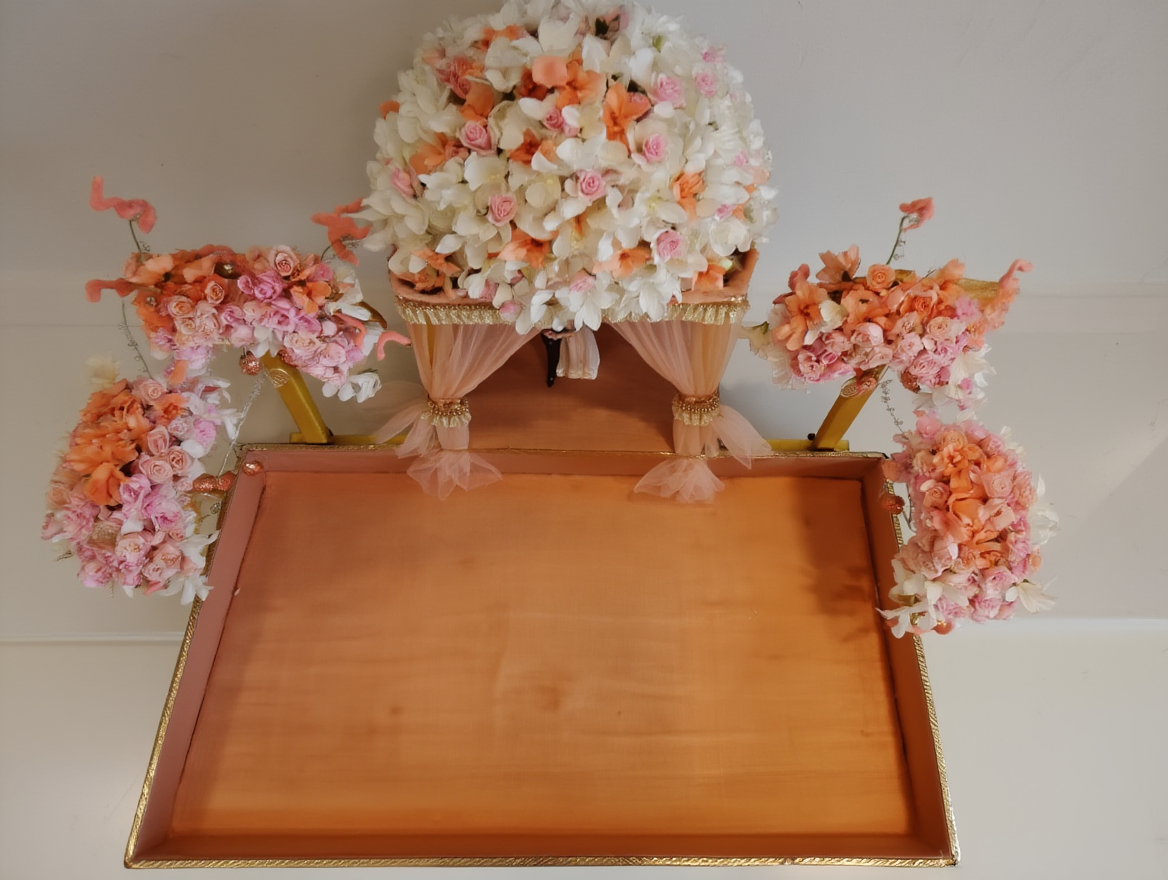 Royal Wedding Mandap Trousseau Display Stage with Floral Canopy | Luxury Bridal Shagun Hamper Platform | Premium Decorative Wedding Gift Presentation Tray