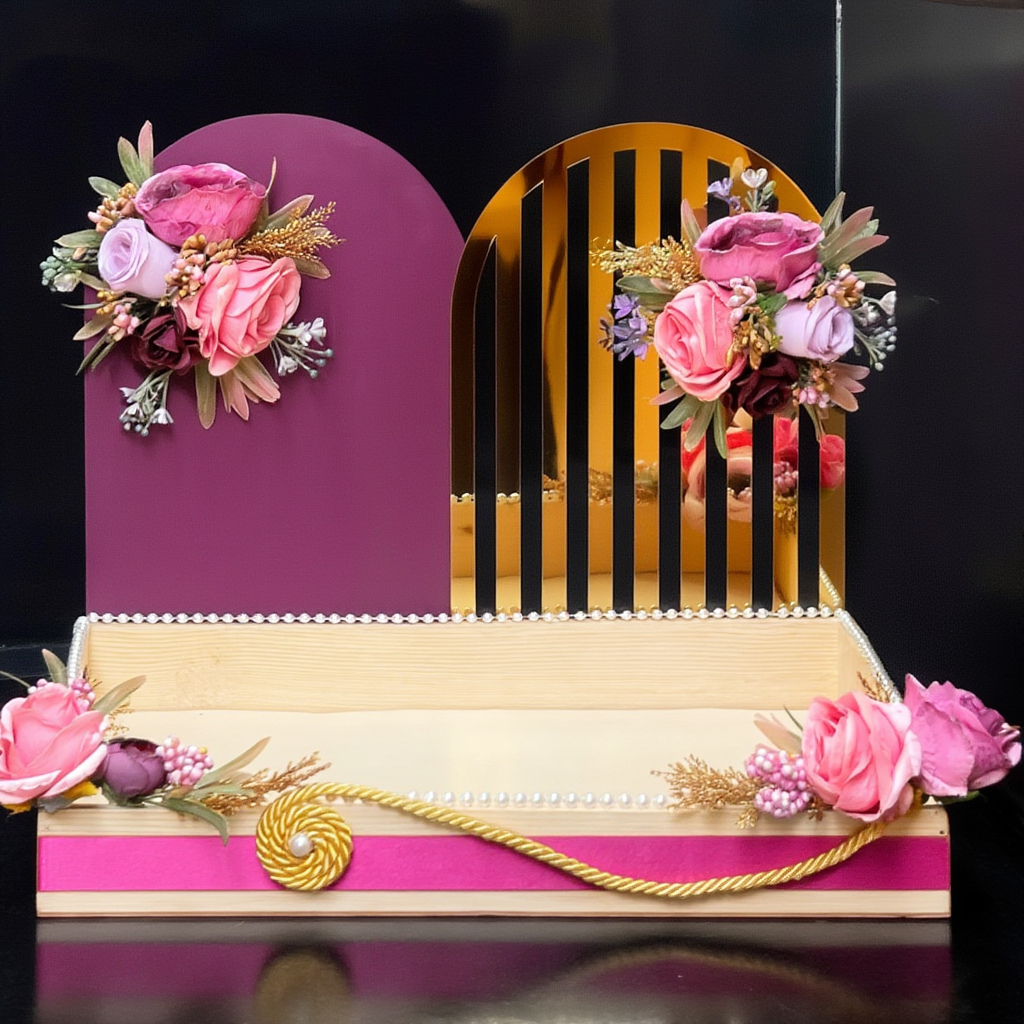 Modern Floral Designer Trousseau Tray with Gold & Mauve Back Panel | Luxury Wedding Shagun Hamper Display Platter | Premium Gift Presentation Base