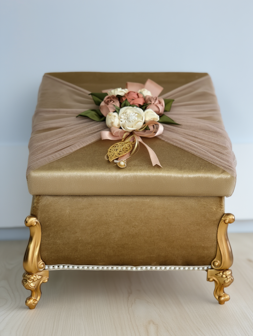 Royal Velvet Floral Trousseau Storage Box with Golden Legs | Luxury Bridal Jewellery & Gift Hamper Chest | Premium Wedding Shagun Decorative Case