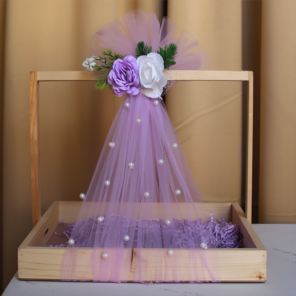 Elegant Wooden Gift Hamper Tray with Pearl Net & Floral Bow | Decorative Trousseau Packing Box | Wedding, Baby Shower & Festive Gift Presentation Basket