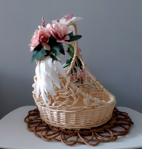 Handcrafted Wicker Floral Gift Basket with Handle | Rustic Decorative Hamper Tray with Artificial Flowers | Wedding, Baby Shower & Festive Gifting Basket