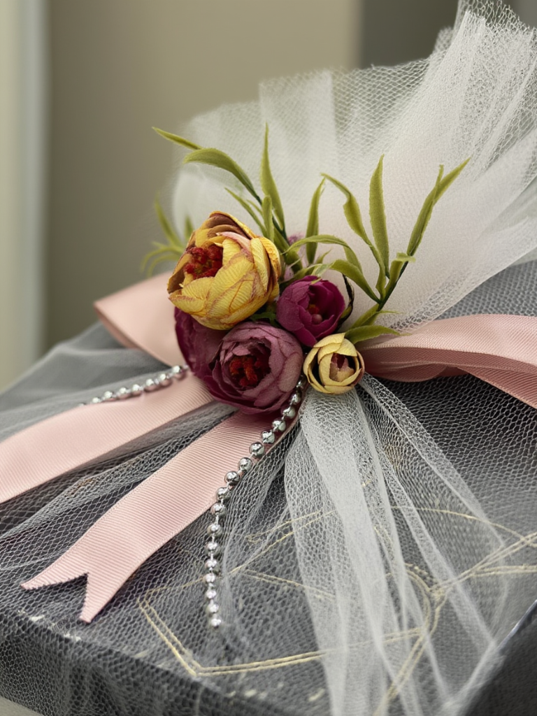 Luxury Floral Net Wrapped Gift Hamper Box with Pearl Chain & Satin Bow | Elegant Wedding Trousseau & Festive Gift Packaging | Decorative Premium Presentation Box