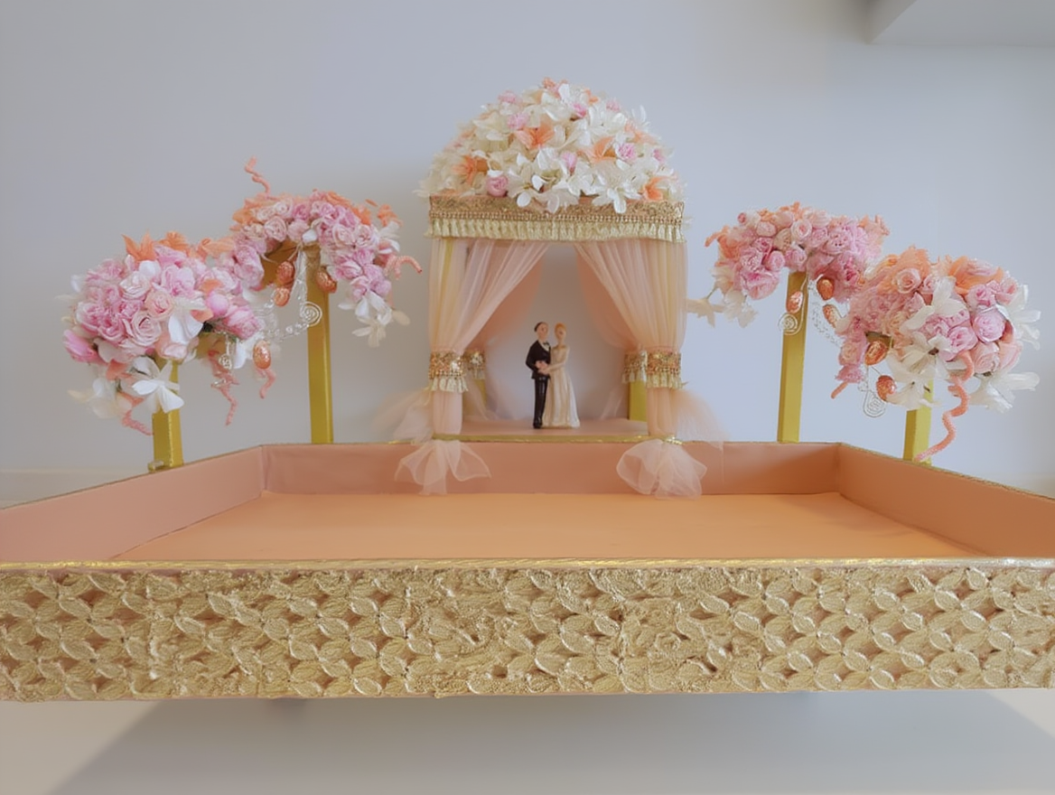 Royal Wedding Mandap Trousseau Display Stage with Floral Canopy | Luxury Bridal Shagun Hamper Platform | Premium Decorative Wedding Gift Presentation Tray