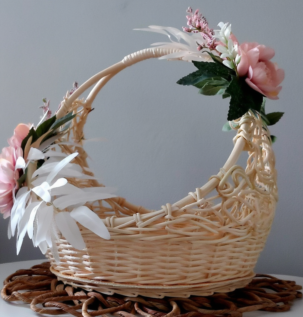 Handcrafted Wicker Floral Gift Basket with Handle | Rustic Decorative Hamper Tray with Artificial Flowers | Wedding, Baby Shower & Festive Gifting Basket