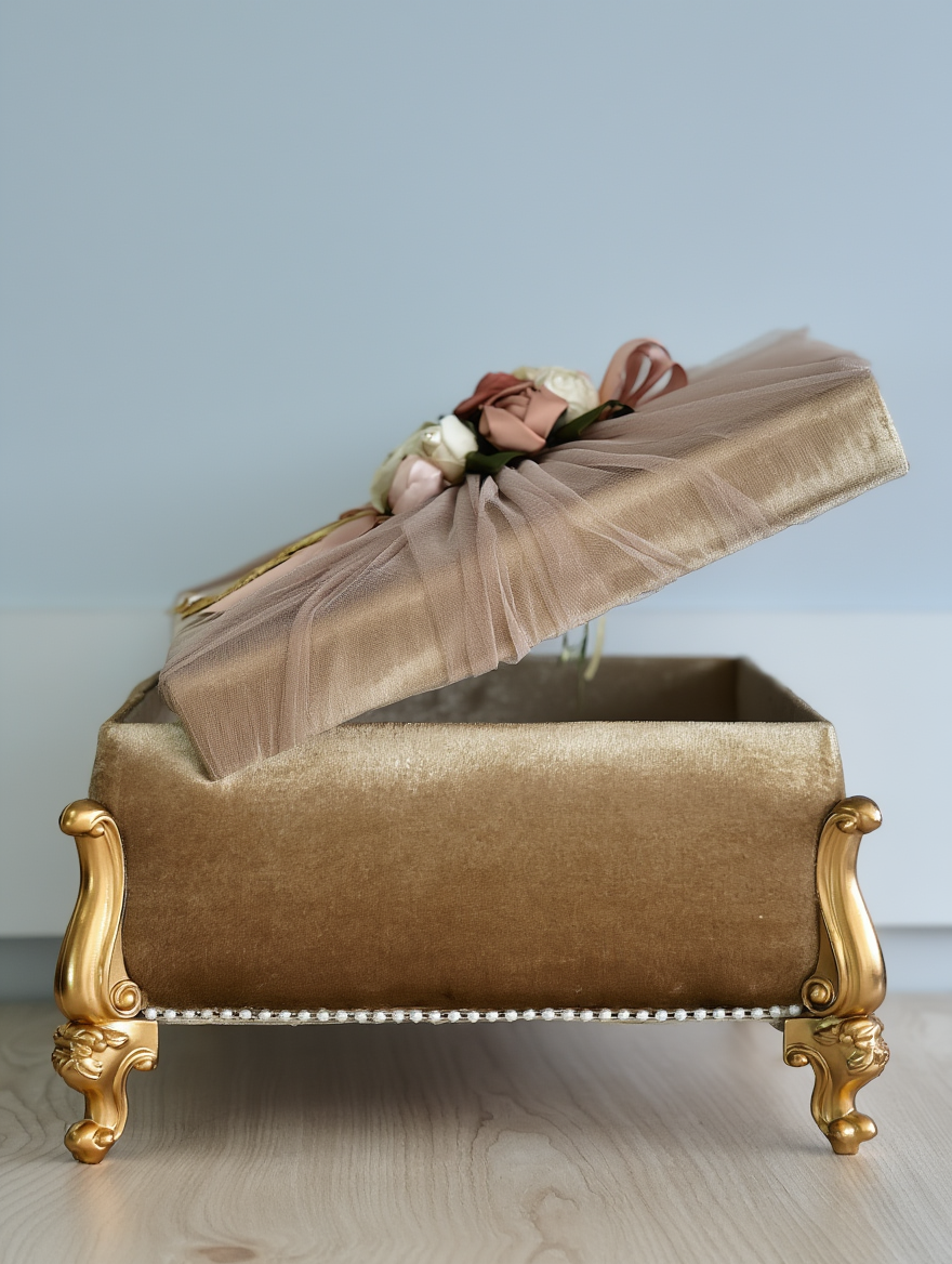 Royal Velvet Floral Trousseau Storage Box with Golden Legs | Luxury Bridal Jewellery & Gift Hamper Chest | Premium Wedding Shagun Decorative Case