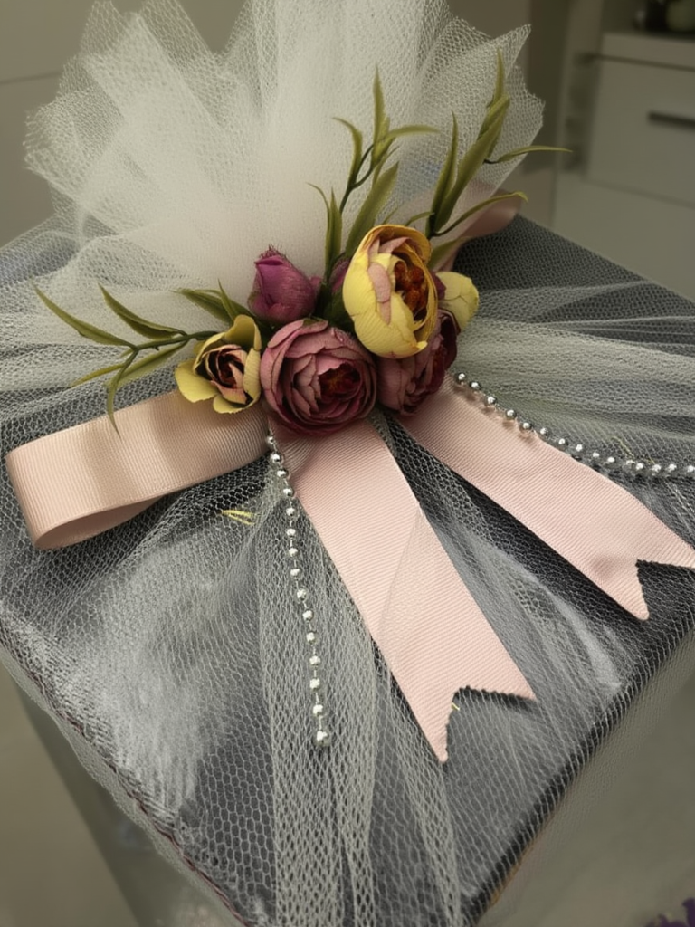 Luxury Floral Net Wrapped Gift Hamper Box with Pearl Chain & Satin Bow | Elegant Wedding Trousseau & Festive Gift Packaging | Decorative Premium Presentation Box