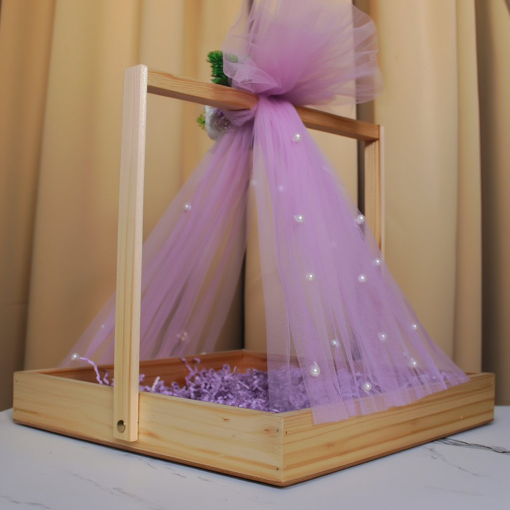 Elegant Wooden Gift Hamper Tray with Pearl Net & Floral Bow | Decorative Trousseau Packing Box | Wedding, Baby Shower & Festive Gift Presentation Basket