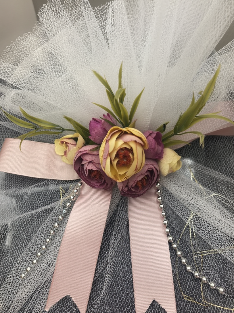 Luxury Floral Net Wrapped Gift Hamper Box with Pearl Chain & Satin Bow | Elegant Wedding Trousseau & Festive Gift Packaging | Decorative Premium Presentation Box