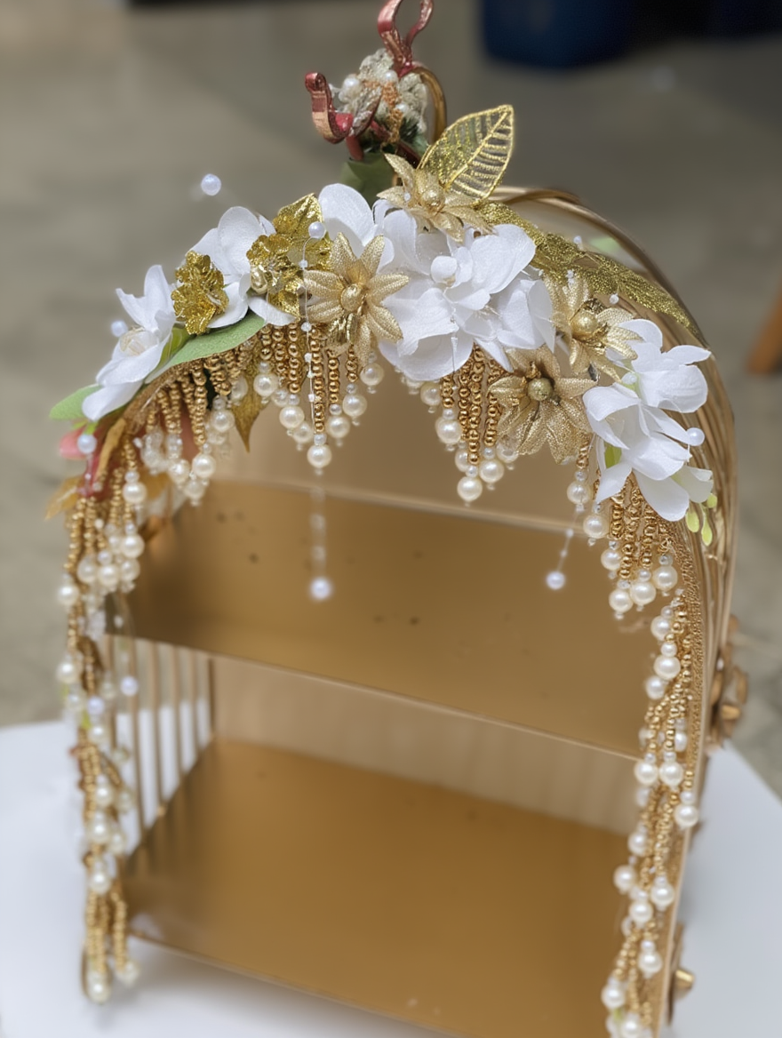 Luxury Golden Pearl Floral Display Stand | Royal Wedding Trousseau & Jewellery Hamper Cage Tray | Premium Decorative Gift Presentation Organizer