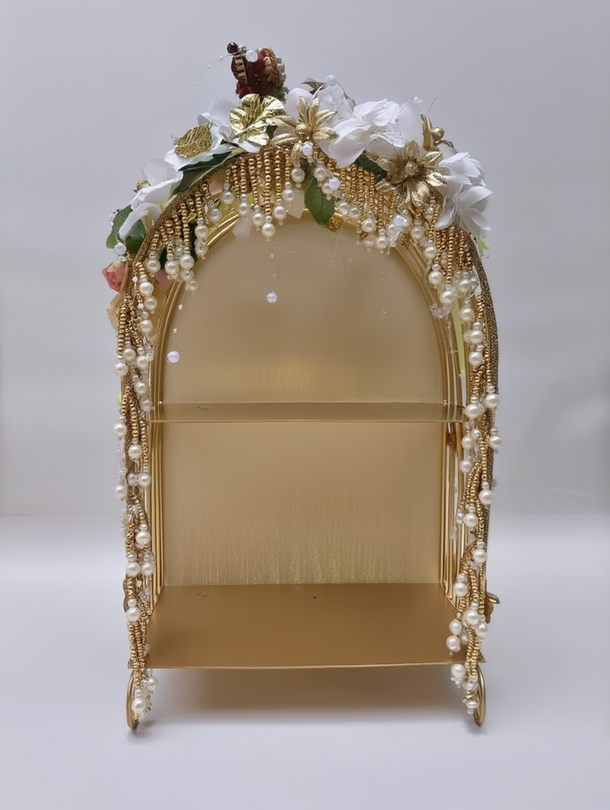 Luxury Golden Pearl Floral Display Stand | Royal Wedding Trousseau & Jewellery Hamper Cage Tray | Premium Decorative Gift Presentation Organizer