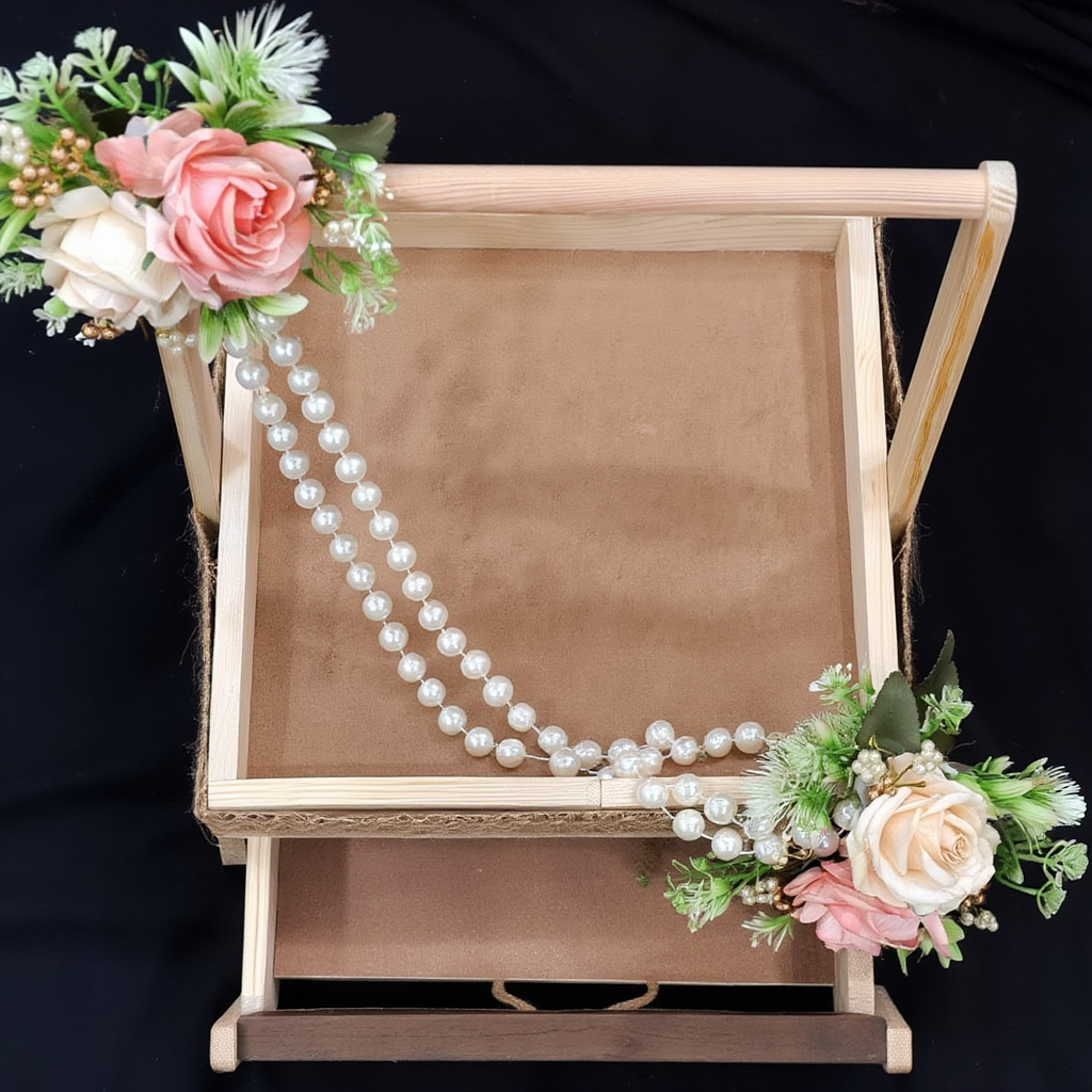 Elegant Wooden Floral Hamper Tray with Handle & Drawer | Pearl Decor Gift Presentation Basket | Wedding Trousseau, Jewellery & Festive Display Organizer