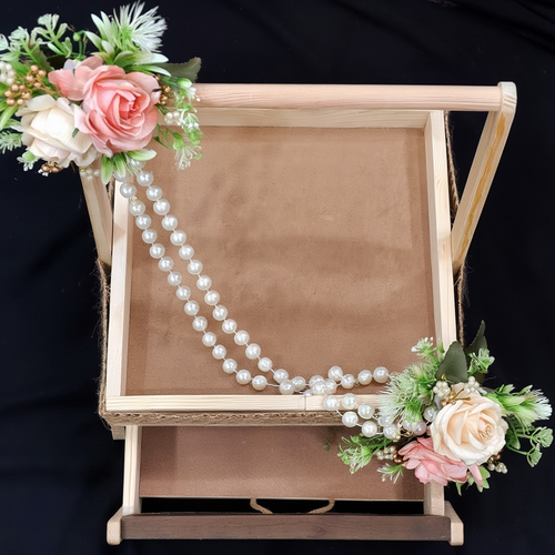 Elegant Wooden Floral Hamper Tray with Handle & Drawer | Pearl Decor Gift Presentation Basket | Wedding Trousseau, Jewellery & Festive Display Organizer