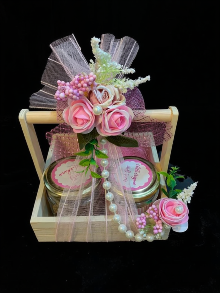 Elegant Mini Wooden Floral Hamper Basket with Net & Pearl Decor | Decorative Wedding Return Gift Tray | Baby Shower & Festive Gift Presentation Box