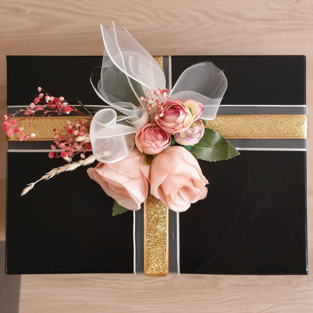Luxury Black Floral Gift Hamper Box with Gold Ribbon | Premium Decorative Wedding & Festive Gift Packaging Box | Elegant Flower Top Presentation Case
