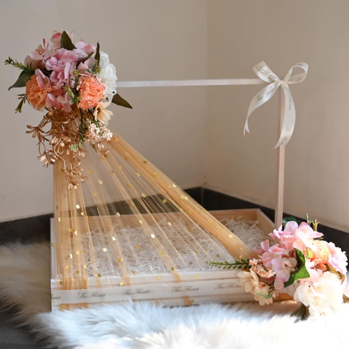 Luxury Wedding Trousseau Packing Tray with Floral Decor & Net Draping | Bridal Gift Hamper Tray