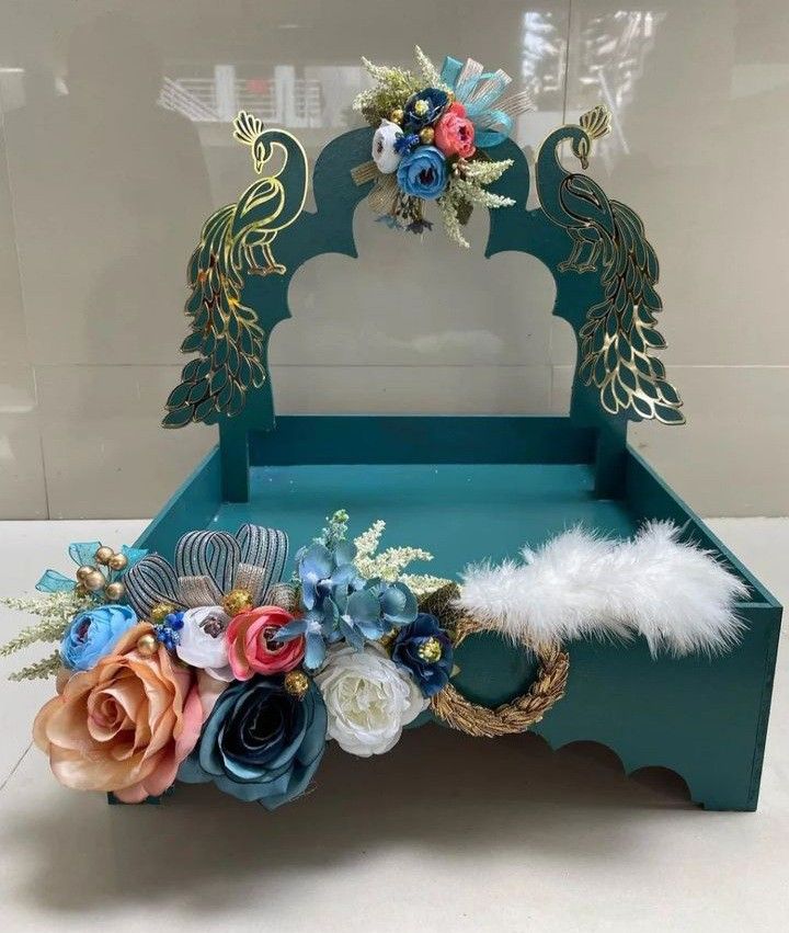 Royal Peacock Designer Trousseau Tray with Floral Décor | Luxury Wedding Shagun Hamper Display Box | Premium Decorative Gift Presentation Platter