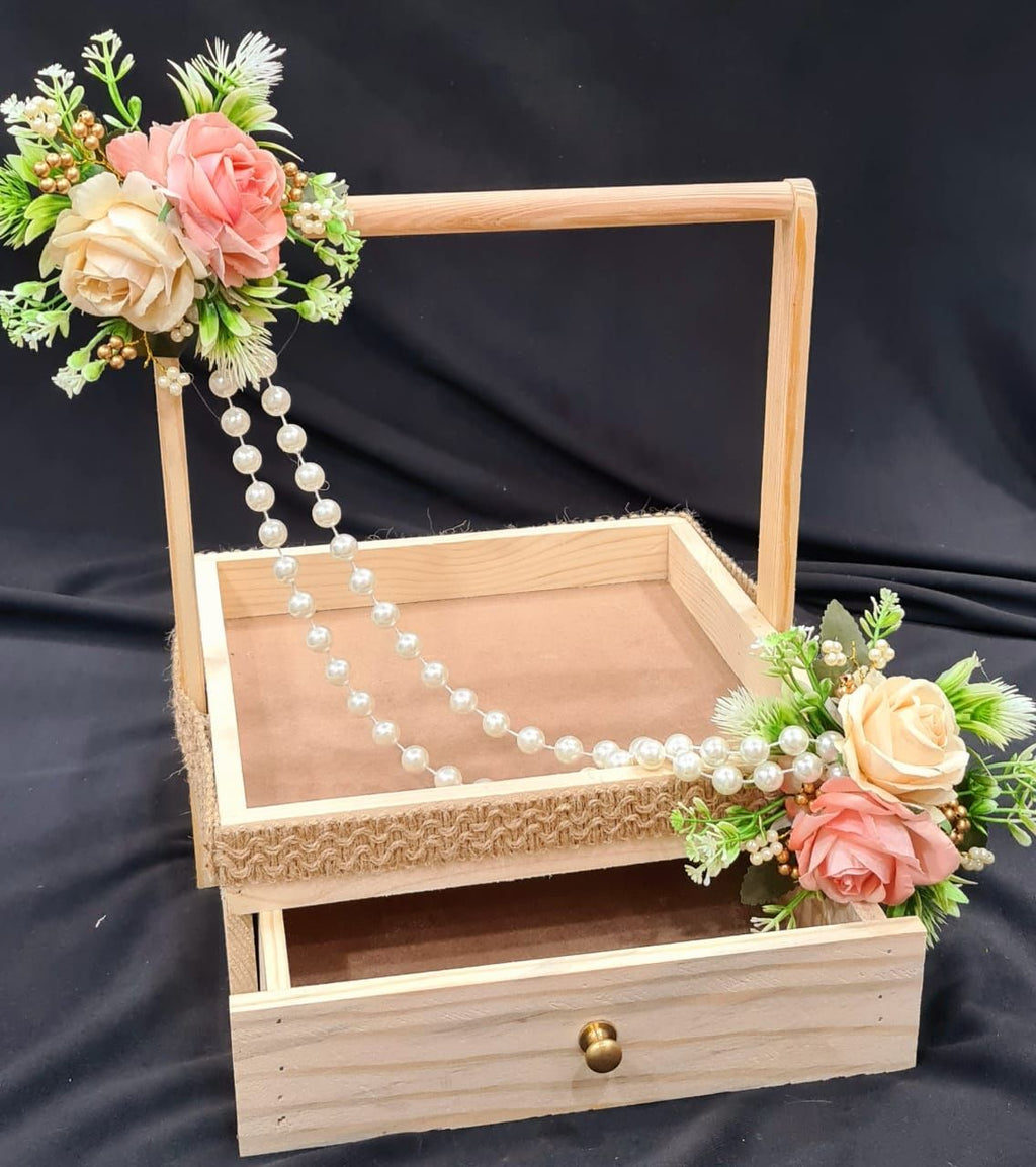 Elegant Wooden Floral Hamper Tray with Handle & Drawer | Pearl Decor Gift Presentation Basket | Wedding Trousseau, Jewellery & Festive Display Organizer
